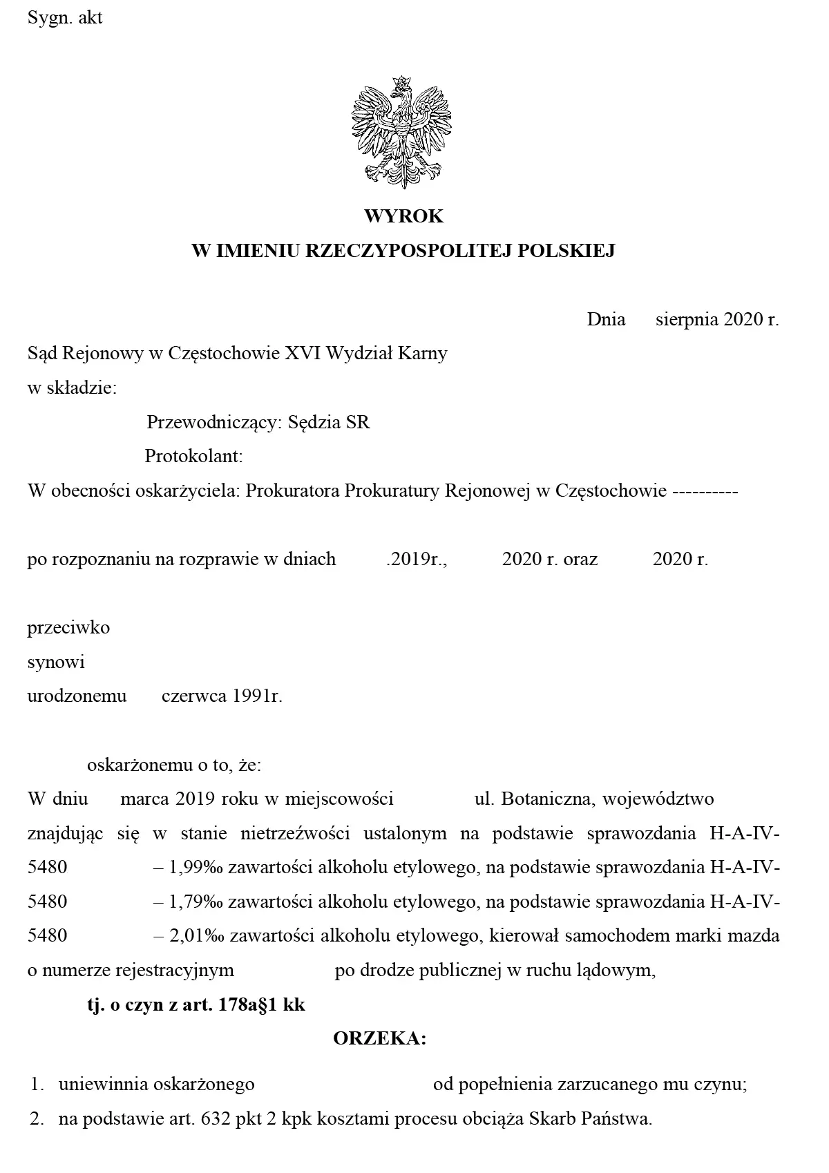 Wyrok Częstochowa - kierowanie samochodu w stanie nietrzeźwości